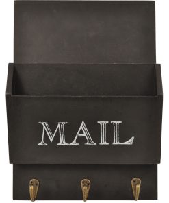 10 x 3.3 x 14 Wooden Mail Bin with Hooks Black