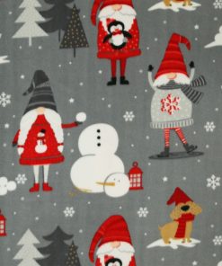 Winter Gnomes on Gray Anti Pill Fleece Fabric