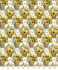 Yellow Sunflower   Fern Baskets Premium Cotton Fabric