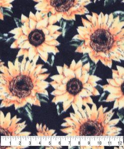 Sketched Sunflowers on Black Anti Pill Fleece Fabric