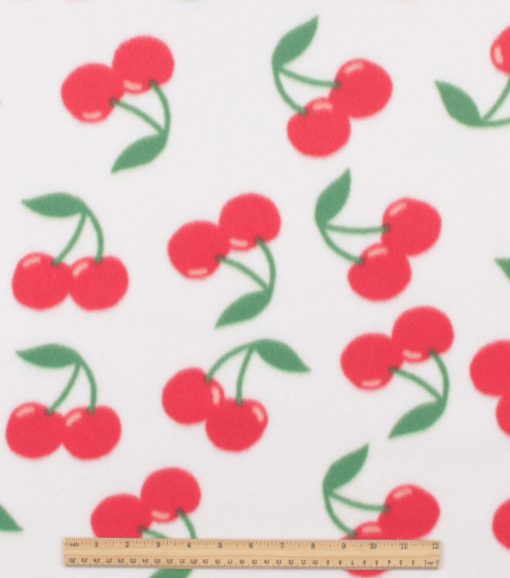 Cherries on White Blizzard Fleece Fabric - Image 2