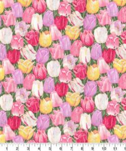 Fabric Traditions Pink   Red Garden Party Tulips Premium Cotton Fabric