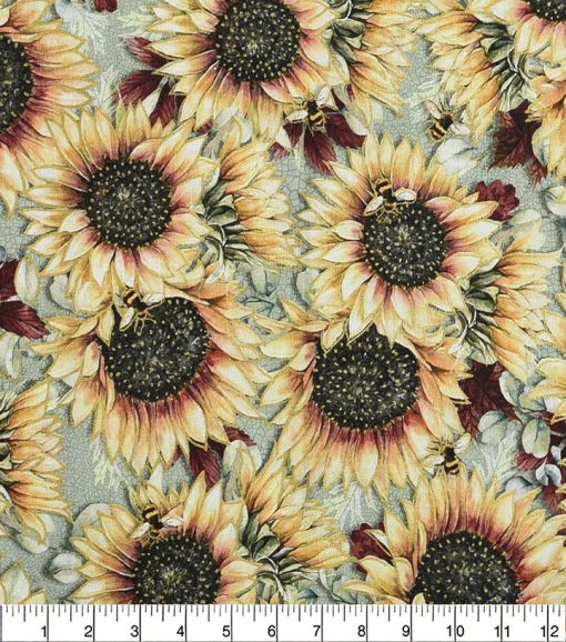Yellow Sunflowers   Bees Premium Cotton Fabric - Image 2