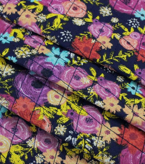 Navy Floral Double Faced Pre Quilted Cotton Fabric - Image 2