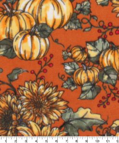 Pumpkins   Sunflowers on Orange Anti Pill Fleece Fabric