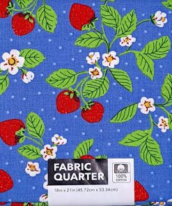 18 x 21 Strawberries on Blue Novelty Cotton Fabric Quarter 1pc