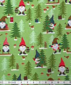 Winter Gnomes   Trees on Green Super Snuggle Christmas Flannel Fabric