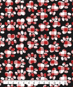 Plaid Paw Prints on Black Christmas Cotton Fabric