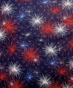 Patriotic Fireworks On Blue Cotton Fabric