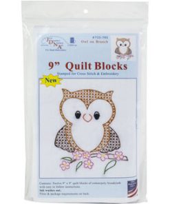 Jack Dempsey Needle Art 9 Owl on Branch Stamped White Quilt Blocks 12pk