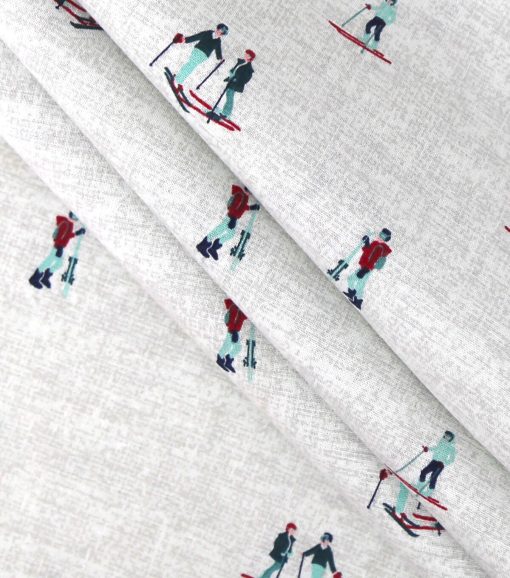Skiers on White Novelty Cotton Fabric - Image 2