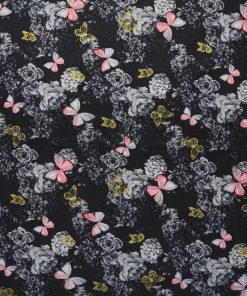 Butterflies   Flowers on Black Premium Metallic Cotton Fabric