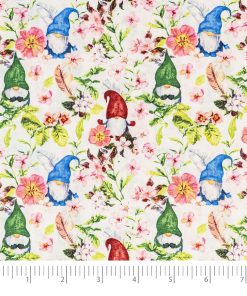 Singer Springtime Gnomes White Cotton Fabric