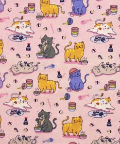 Sushi Cats on Pink Novelty Cotton Fabric